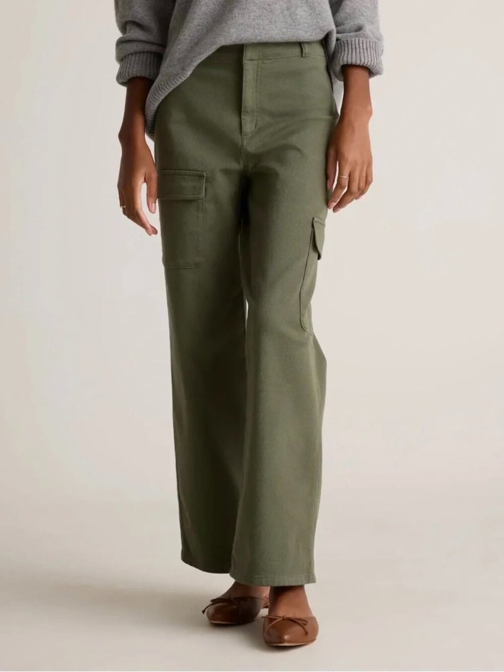 Quince Cargo Pants Organic Cotton Loden Green Twill Wide Leg (6)